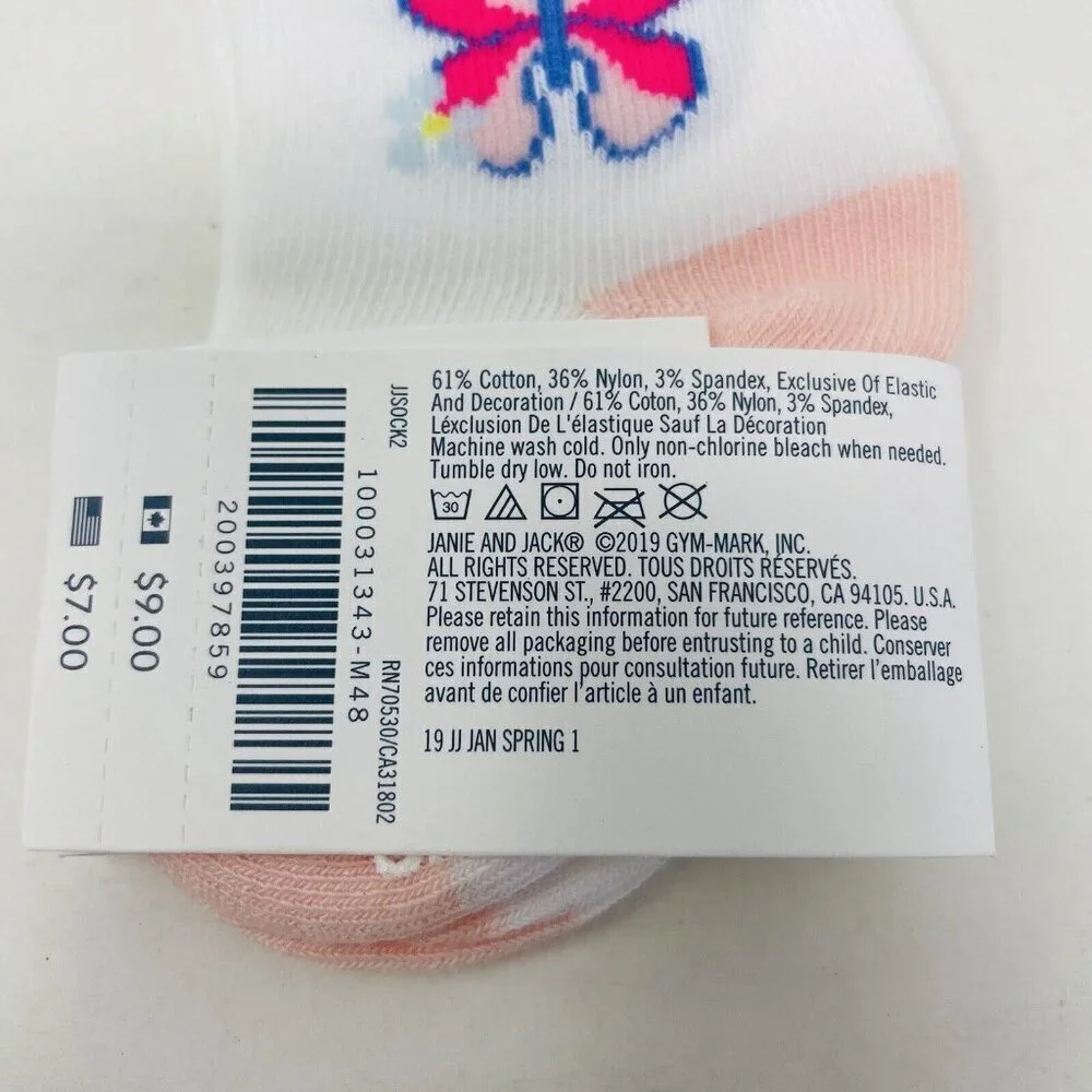 Janie and Jack Baby Girls 0-3 Months Butterfly Ruffle Ankle Socks‎ in White/Pink